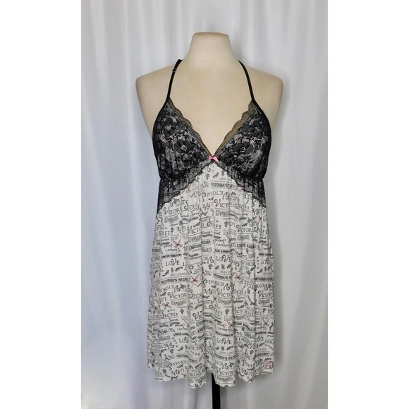VICTORIA’S SECRET Black Floral Lace Script Print Chemise Gown Nightgown Large - Picture 2 of 12